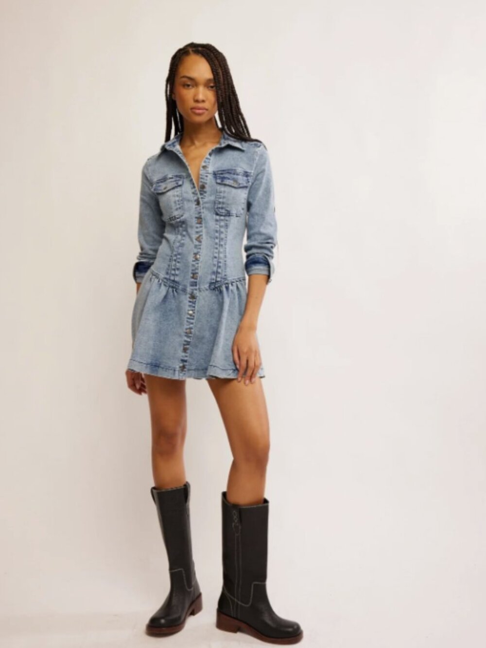 Free People Roadhouse button-front denim mini dress ruffle skirt size small